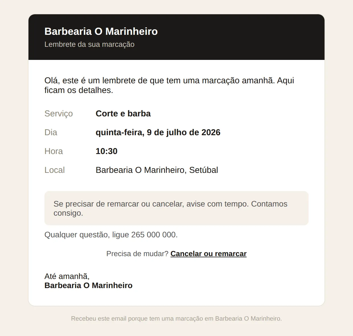 Email de lembrete que a app envia ao cliente no dia antes da marcação, com a marca do negócio