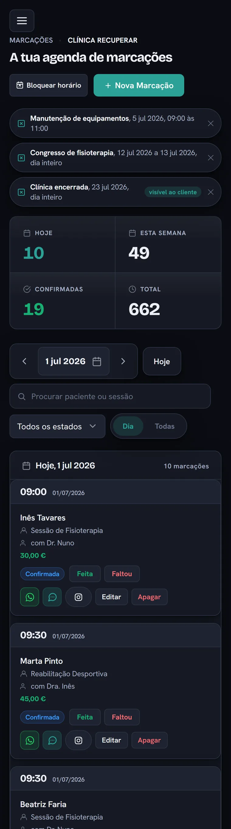 Agenda do dia de uma clínica de fisioterapia na app, com sessões e estado