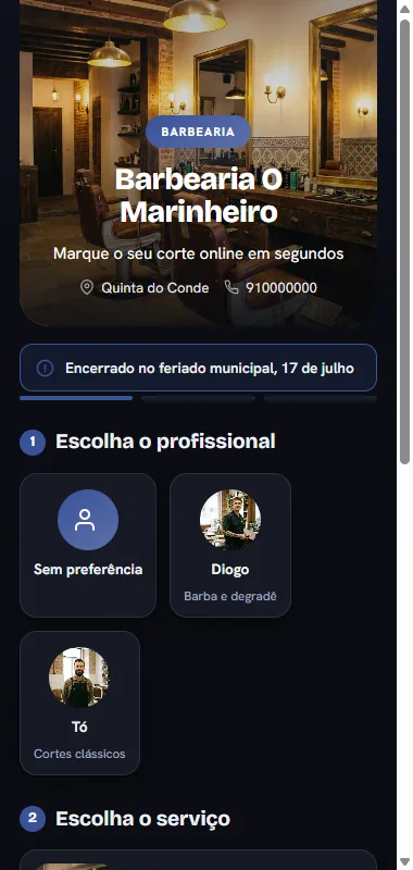 Página de marcações de uma barbearia na app da Britodigital