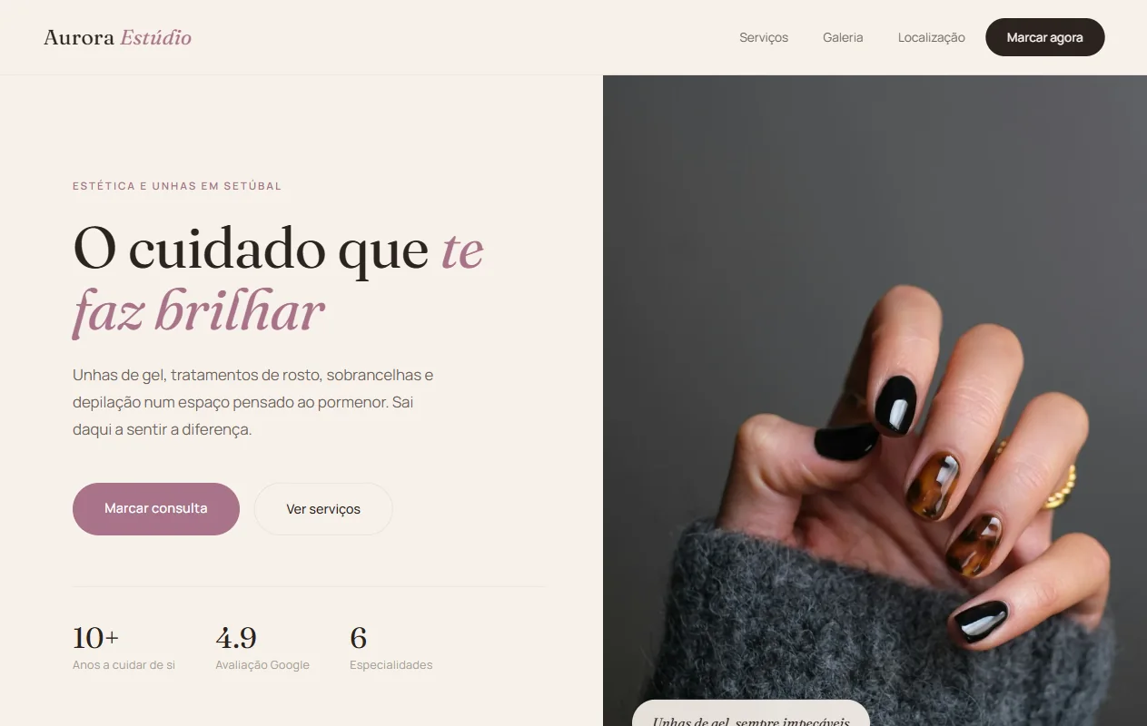 Site do Aurora Estúdio, estética e unhas em Setúbal