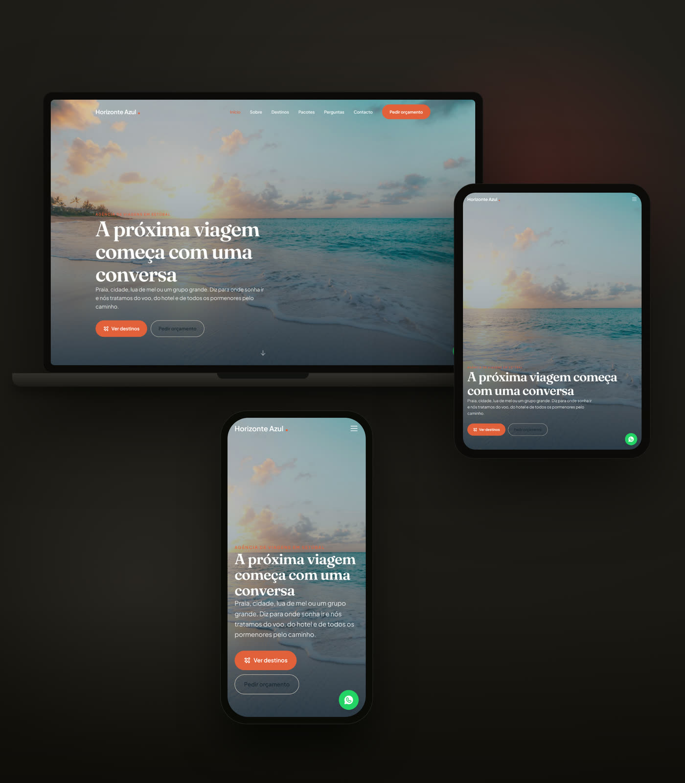 Site da Horizonte Azul, agência de viagens de Setúbal, feito pela Britodigital.pt e mostrado em portátil, tablet e telemóvel para provar que funciona bem em qualquer ecrã